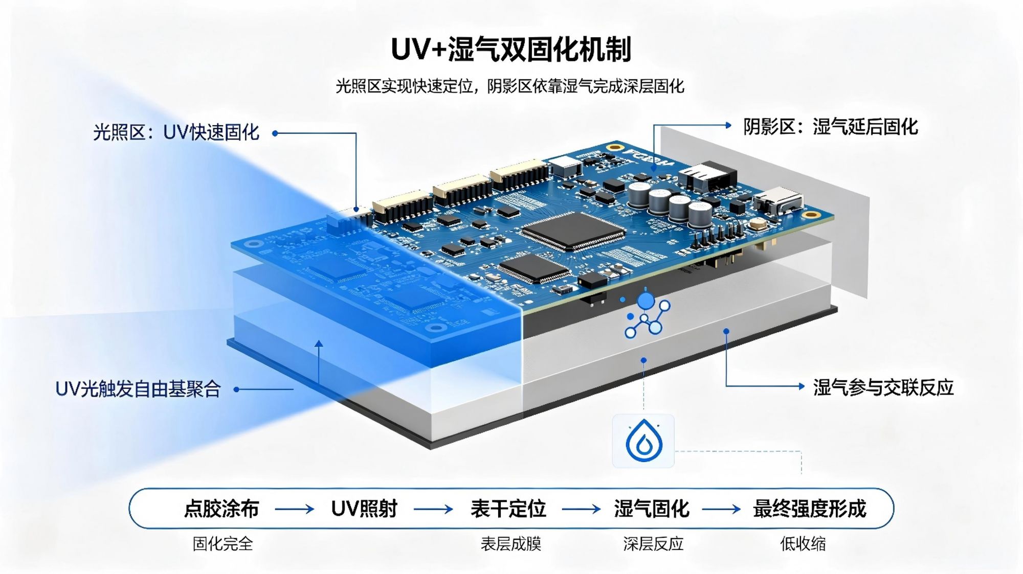 为什么电路板三防漆阴影区总固化不全？泰亚UV+湿气双固化胶原理与选型实测