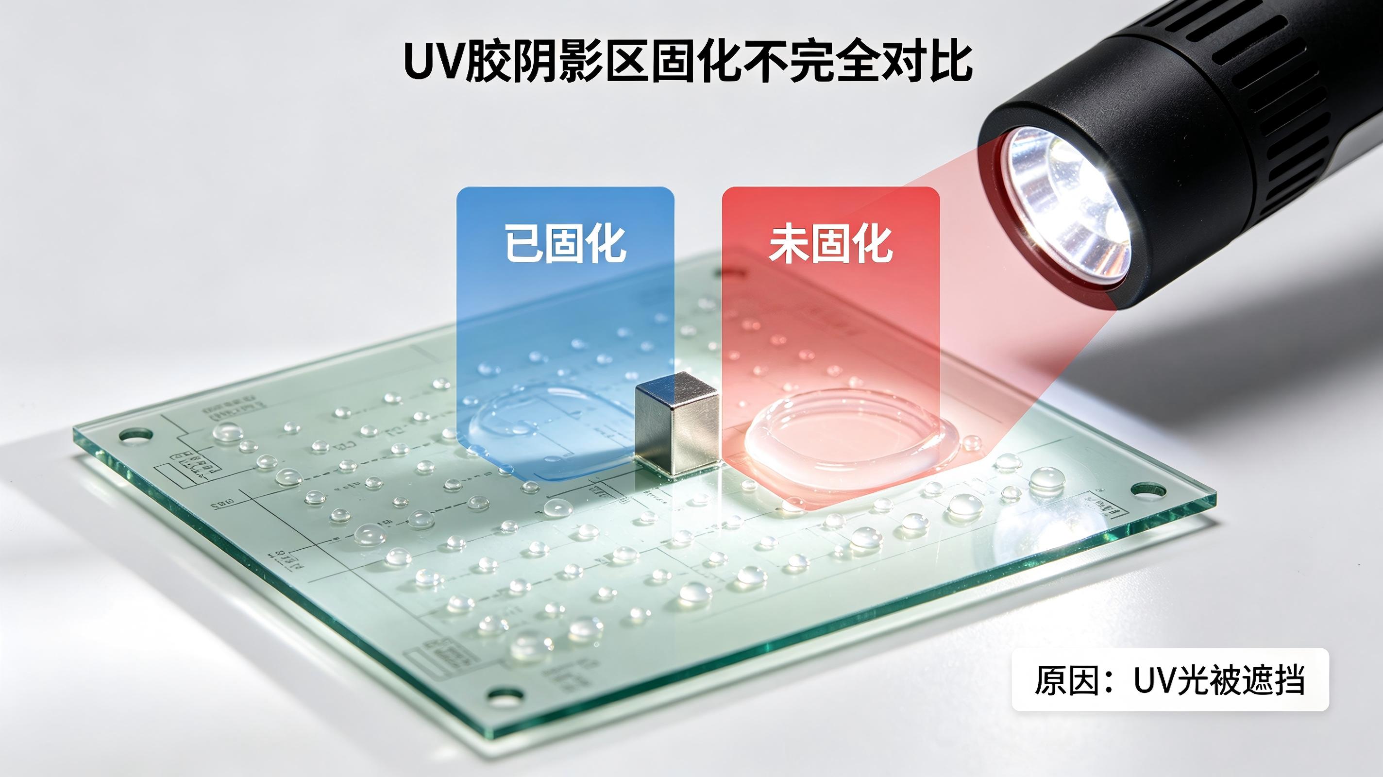 uv胶阴影区固化不全示意图 uv胶阴影区固化不全示意图